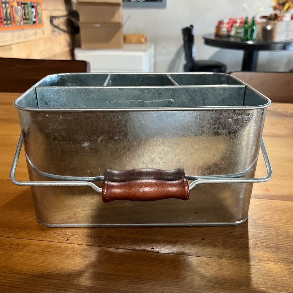 Galvanized flatware caddy with Wooden Handle